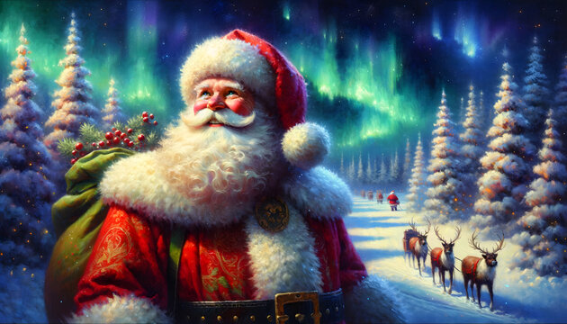 Oil painting of Santa Claus in Northern Lights Winter Wonderland. Generative AI