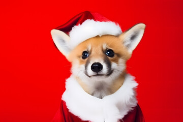 Portrait of a Fox Dressed in a Red Santa Claus Costume in Studio with Colorful Background