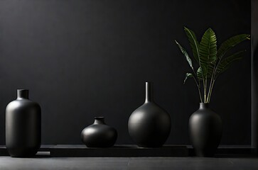 Four vases neatly arranged on a shelf against a sleek black wall, adding stylish and modern decor to the space.