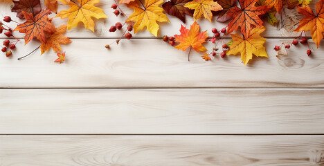 Fall leaves border on light wooden surface