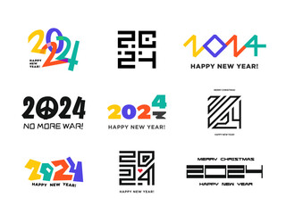 Happy new year 2024 set logo. Brochure or calendar cover vector design template. Set of 2024 number design template. Christmas symbols 2024 Happy New Year.