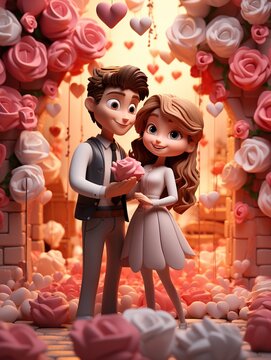 Valentines Day, a happy couple, 3D render style. AI Generated.