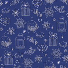 Cute Christmas seamless pattern. New Year's gifts, lantern, candle, Christmas tree decorations, spruce branches, snowflakes. Vector hand drawn illustration in doodle style. Ideal for wrapping paper, p