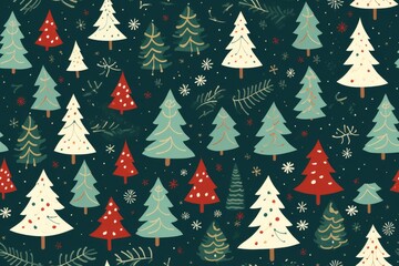 Fototapeta premium green christmas tree seamless pattern on dark green background. Flat style. Generative AI