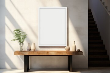 frame with blank poster mockup on wooden table with green plant in pot. White wall background