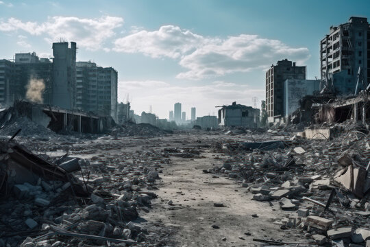 destruction by war, explosion or earthquake in a modern city with high-rise residential and office buildings