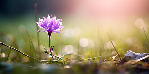 flowers in the grass,Sunlit Spring Crocuses on blur grass background,AI Generative 