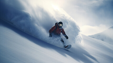 Snowboarder curved and brakes spraying loose