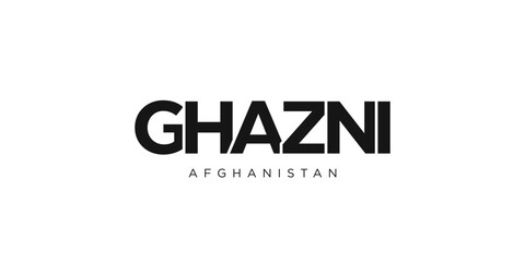 Ghazni in the Afghanistan emblem. The design features a geometric style, vector illustration with bold typography in a modern font. The graphic slogan lettering.