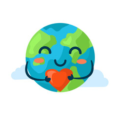 Kawaii drawing of the Planet Earth with a heart in her hands. Textile design of a poster or T-shirt. Earth Day for Environmental Protection. Save the planet.