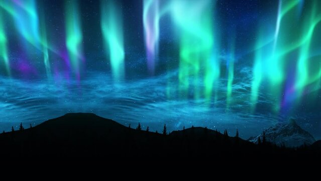 Aurora Borealis Time Lapse Seamless Loop, Mountain Ridges, Simulated Green Blue Purple Northern Light Nordic Countries Norway Finland Sweden Alaska Canada Greenland Iceland