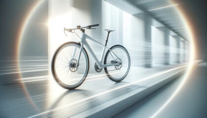 Fototapeta na wymiar Modern White Bicycle in Motion Against Light Background 