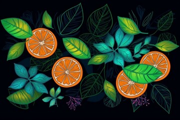 Inverted neon pattern with citrus fruits and green leaves on a black background. Ideal for fabric textile. Generative AI