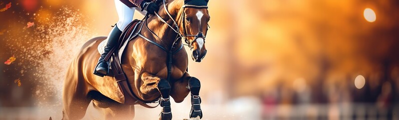equestrian jumping with blurred background, esquietrian illustration, Generative Ai  - obrazy, fototapety, plakaty