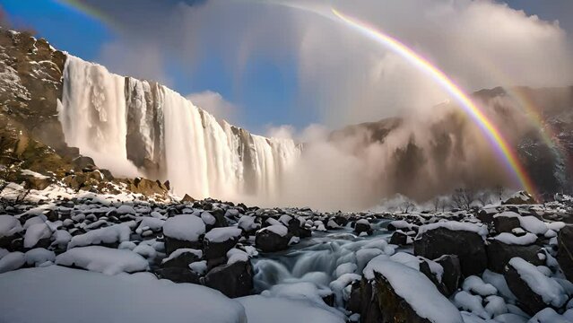 With sunlight streaming through mist, frozen waterfall showcases stunning rainbow, making breathtaking sight.