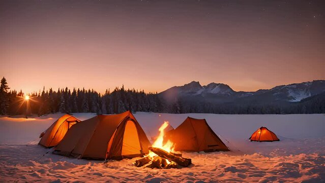 orange glow bonfire reflecting tents, giving warm inviting vibe winter campsite.