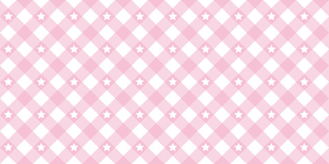 Gingham star diagonal seamless pattern in pink pastel color. Vichy plaid design for Easter holiday textile decorative. Vector checkered pattern for fabric - picnic blanket, tablecloth, dress, napkin.