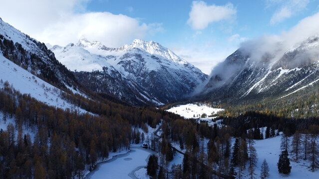 Aerial view of Lai da Palpuogna mountain lake in the Swiss Alps, Graub&uuml;nden, Switzerland