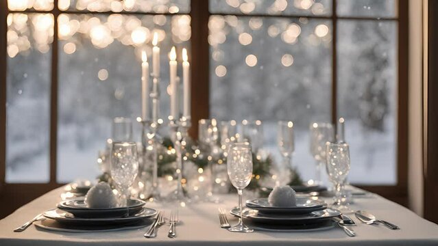 Outside window, winter wonderland awaits with glistening snow forest frosted trees. Inside dining room, table elegantly with sparkling silverware glittering centerpieces.