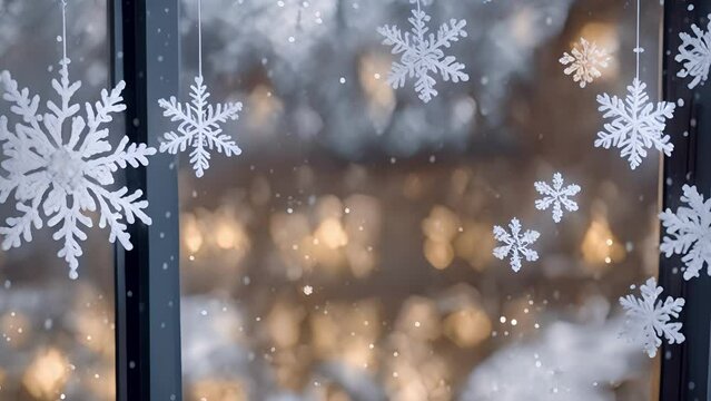 Snowflakes gently fall against windows, creating serene peaceful atmosphere living room.