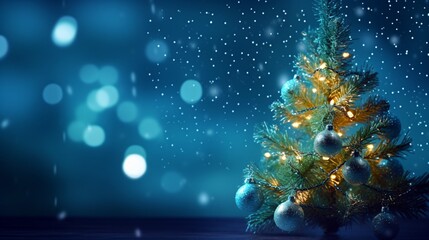 christmas tree with christmas lights on green background, light gold and azure, naturalist aesthetic, water drops. Empty space for message.
