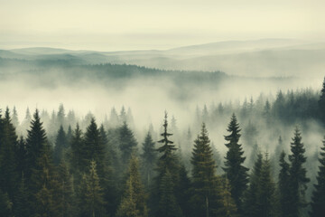 Fototapeta na wymiar Misty landscape with fir forest in vintage retro style.