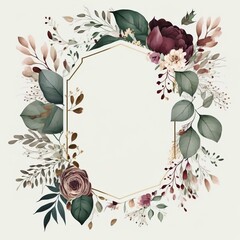 Watercolor floral frame green leaves burgundy maroon pink peach blush white flowers branches Wedding invitations stationery greetings wallpapers fashion Eucalyptus olive rose peony Generative AI