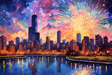 Naklejka premium cityscape with fireworks on the canvas painting, pixel art, vibrant color gradients, chicago imagists