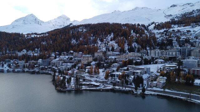 Aerial view of St. Moritz and Lake St. Moritz in the Swiss Alps, Switzerland