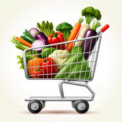 supermarket shopping cart full of healthy and fresh vegetables or food. Healthy lifestyle and nutrition concept. illustration, white background