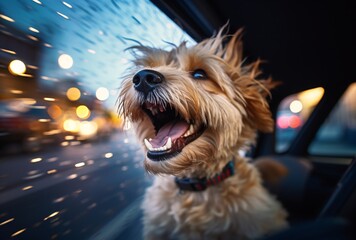 dog of christmas joy smiling out the window of car, manual focus lens, adventure themed, high speed sync