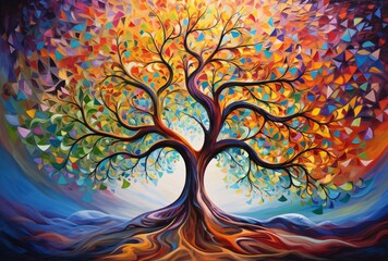 contemporary oil canvas painting of tree of life, vibrant and lively hues, sunrays shine upon it, twisted branches