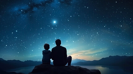 Father and son stargazing on a clear night, idea for imagination and dream concept. 