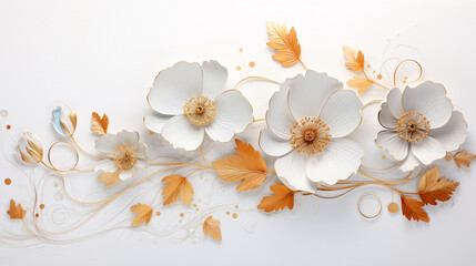 gorgeous gold flowers blowing, frame green leaves in the wind white background, like watercolor paint