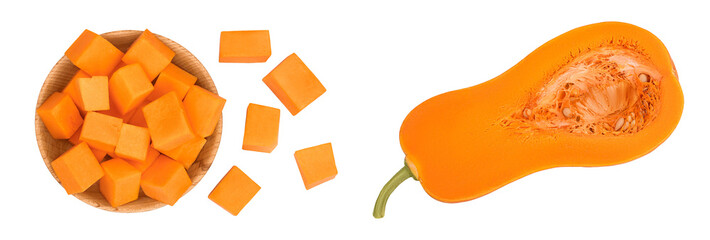 butternut squash slice in wooden bowl isolated on white background with full depth of field. Top...