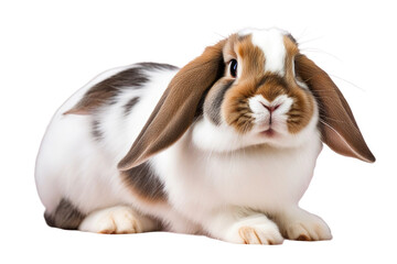a high quality stock photograph of a single happy satisfied long ear pet rabbit full body isolated on a white background - obrazy, fototapety, plakaty