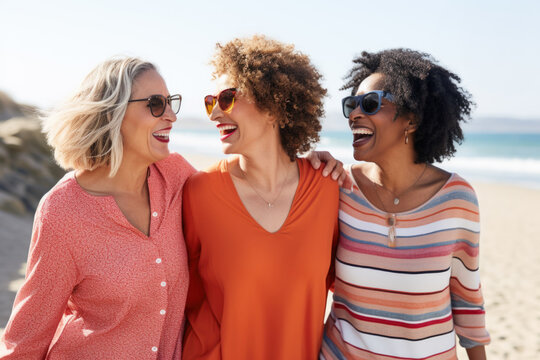 Portrait of three middle aged female friends walking on the sea shore laughing. Diverse mature women strolling along a beach on vacation