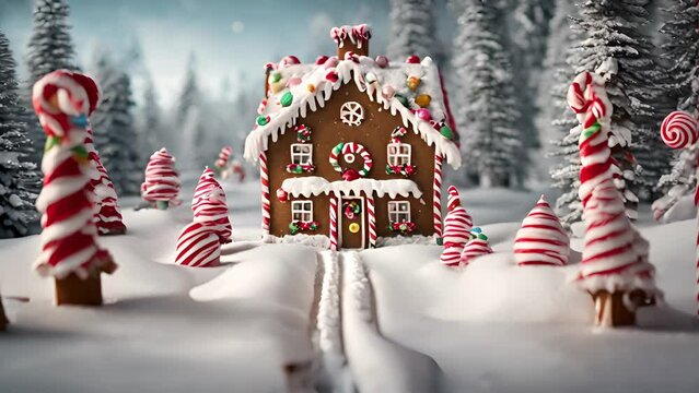 whimsical gingerbread house nestled snowy landscape, complete with lollipop trees pathway miniature candy canes.