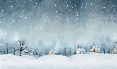 holiday village with trees, snow, snowflakes and stars over blue sky with light snow, minimalist monochromatic landscapes