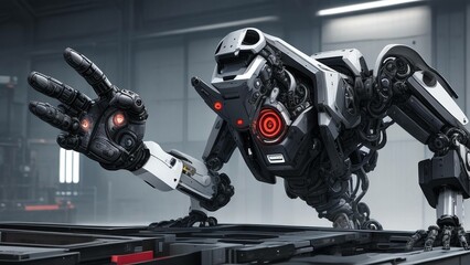 A robotic hand within an industrial automation setting.