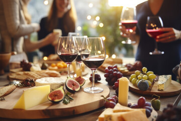 Group of friends having wine tasting party in French restaurant - obrazy, fototapety, plakaty
