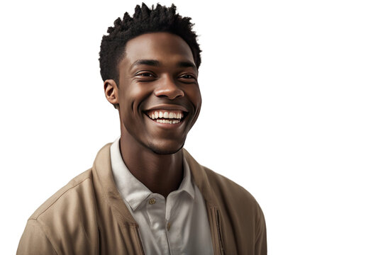 a quality stock photograph of a Black male American student smiling happily at success isolated on a white background