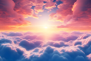 Beautiful pink and blue clouds and rays of the setting sun. Inside view.