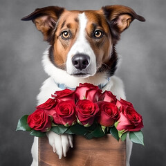 Cute dog with a box of flowers, red roses. Congratulation. Postcard.