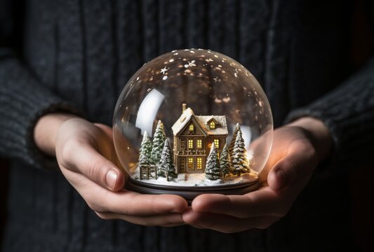 Person Holding A Snow Globe With A Christmas House In It, Realistic Chiaroscuro Lighting, Rustic Futurism, Glass As Material