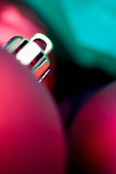 Extreme close up of red  Christmas baubles
