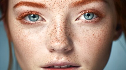 Obraz premium Beautiful face of a young red-haired woman with freckles close-up. Blue expressive eyes, red eyebrows. Fashionable magazine look. Cosmetics advertising.