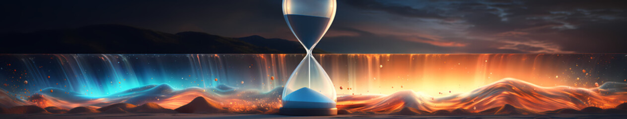 A digital hourglass with pixels instead of sand, trickling down to measure out a new era