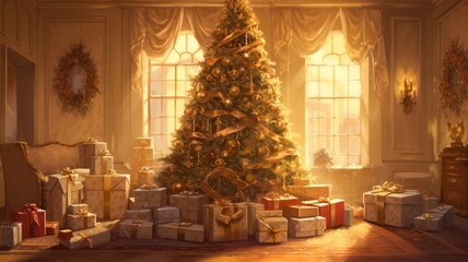 Fototapeta na wymiar a Christmas tree illuminated in a soft, golden glow, casting warm shadows on a room filled with wrapped presents, capturing the anticipation and mystery of gift-giving during the holidays.