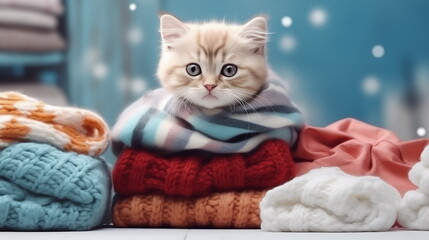 Cute little kitten wrapped in knitted blanket lying on pile of warm clothes. Copy space for promotional text. Winter sale advertising banner for shop.